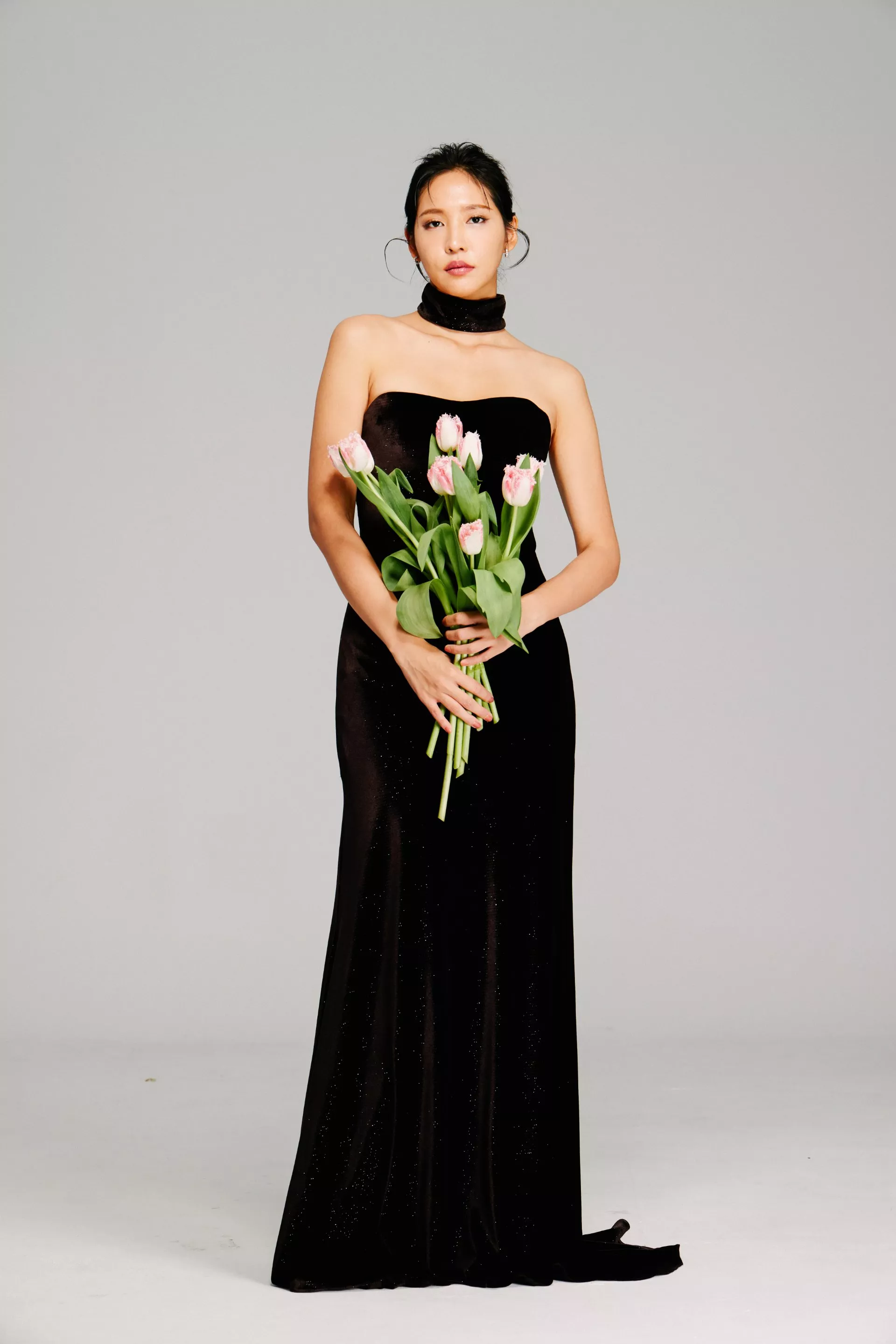 平口微光閃亮絨布加領晚禮服-1-2024Collection